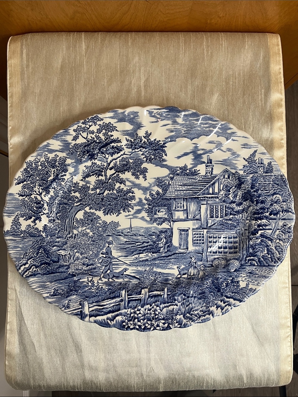 Vintage Myott "The Hunter" Blue Transferware Oval Platter – Approximately 14.5”